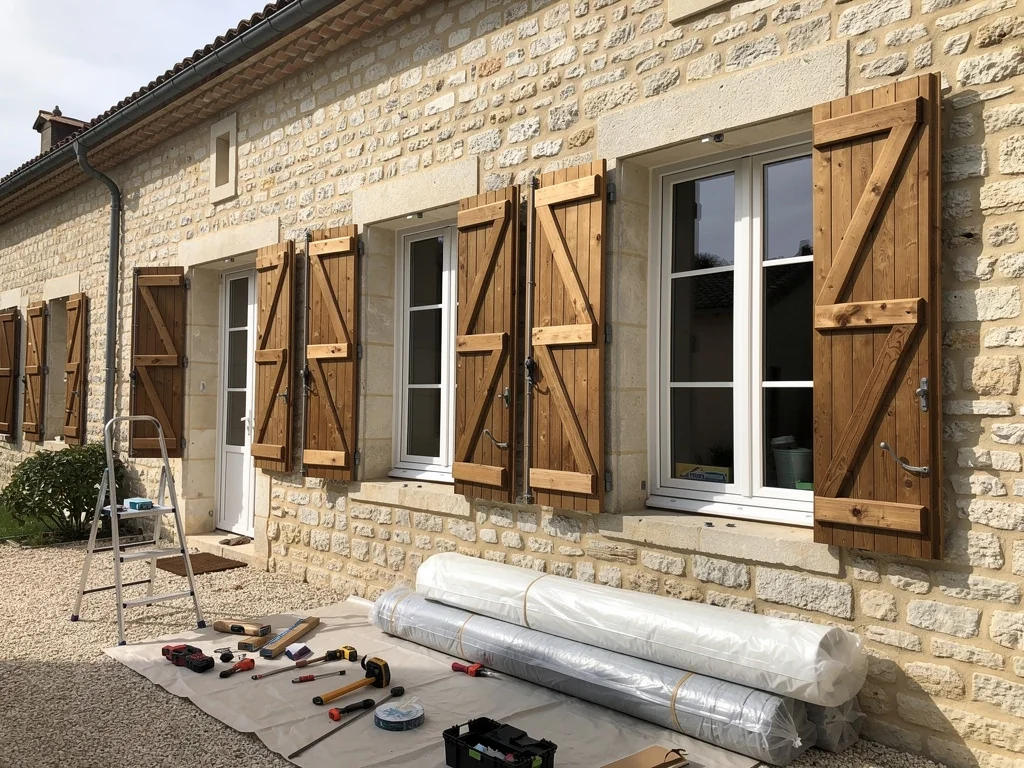 Rénovation de fenêtres PVC sur la façade en pierre d'une maison ancienne